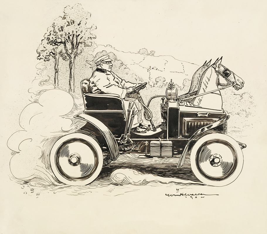 William Henry Walker - A man drives a car with two horse heads on the front to make it look more like a carriage.