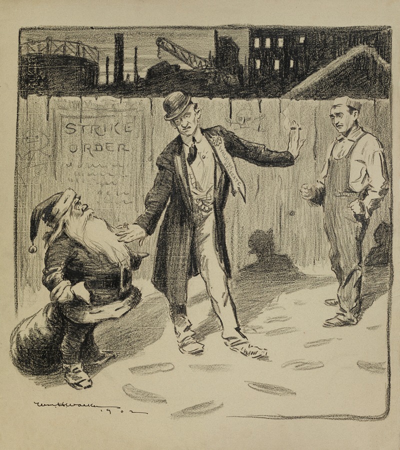 William Henry Walker - A man in a suit (a walking delegate) keeps Santa Claus from approaching a striking worker outside of a factory.