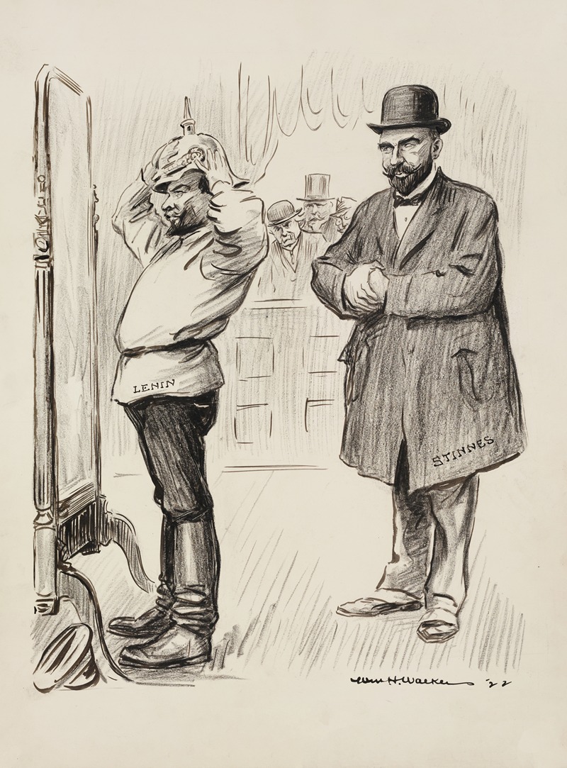 William Henry Walker - A man in a suit, Stinnes, watches as Lenin tries on a military helmet in front of a mirror