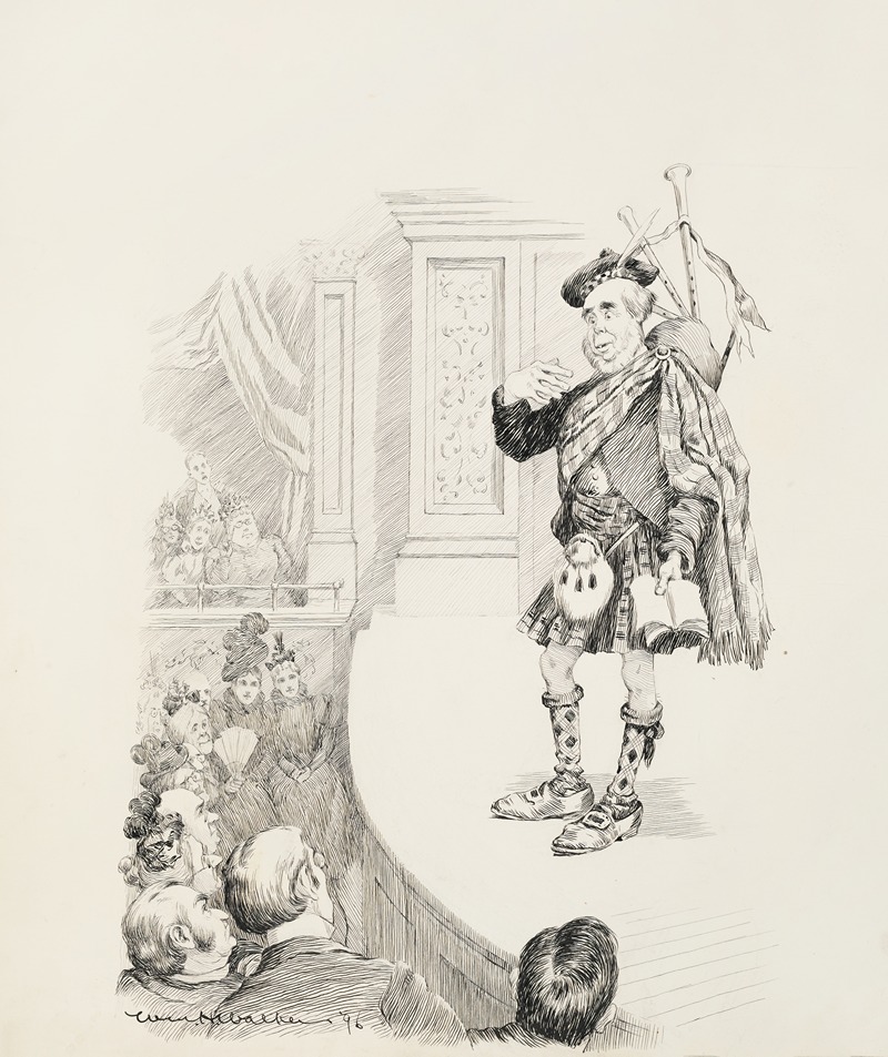 William Henry Walker - A man in full Scottish garb, with bagpipes and a book, performs on stage.