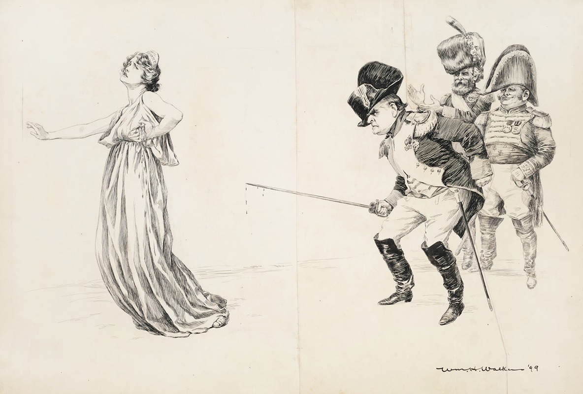 William Henry Walker - A man in military uniform, cheered on by two others, stabs a woman representing the Civil Service with his sword.