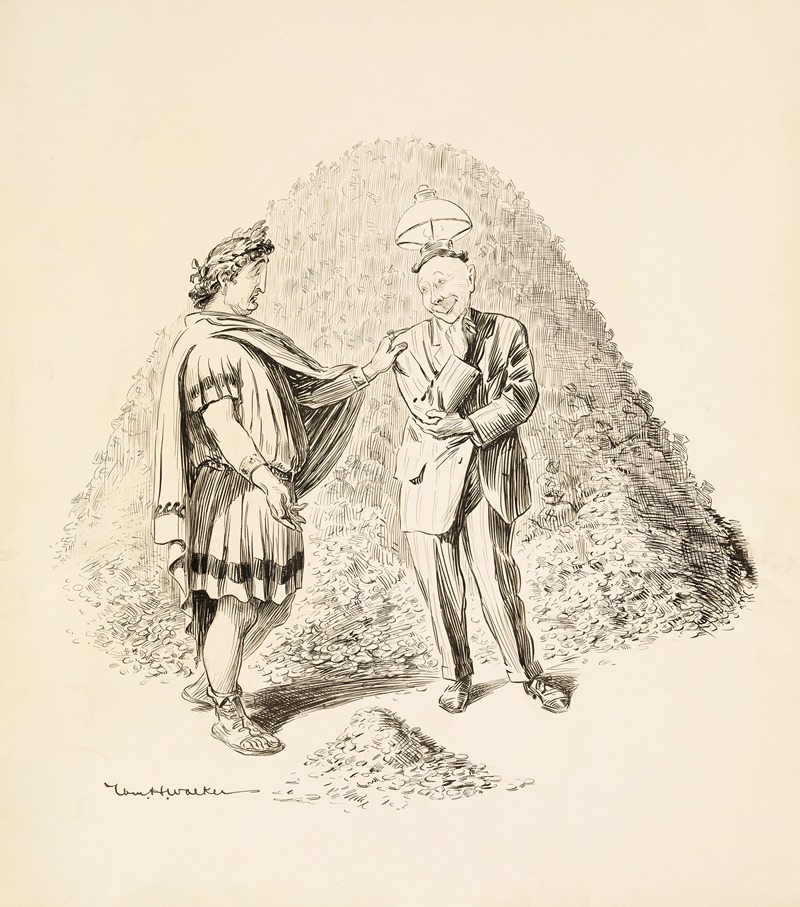 William Henry Walker - A man in Roman robes and a man in a suit with a lamp on his head stand before a mountain of coins.