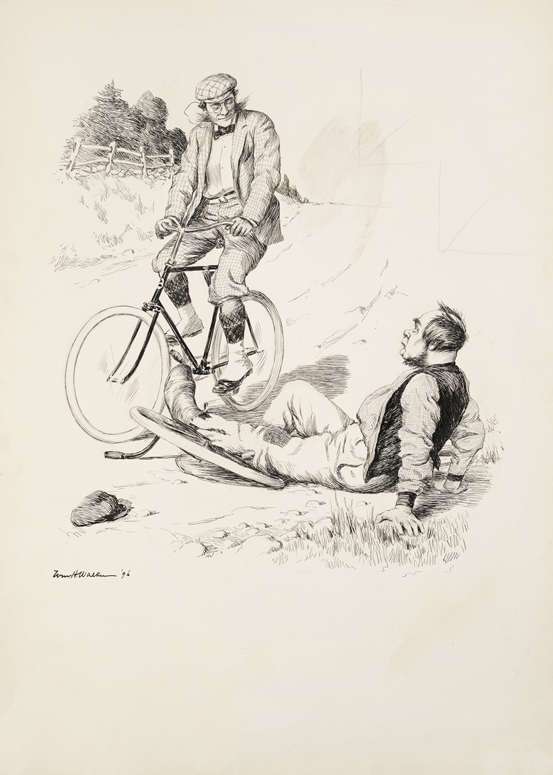 William Henry Walker - A man on a bicycle looks down on a man who has fallen off of his unicycle.