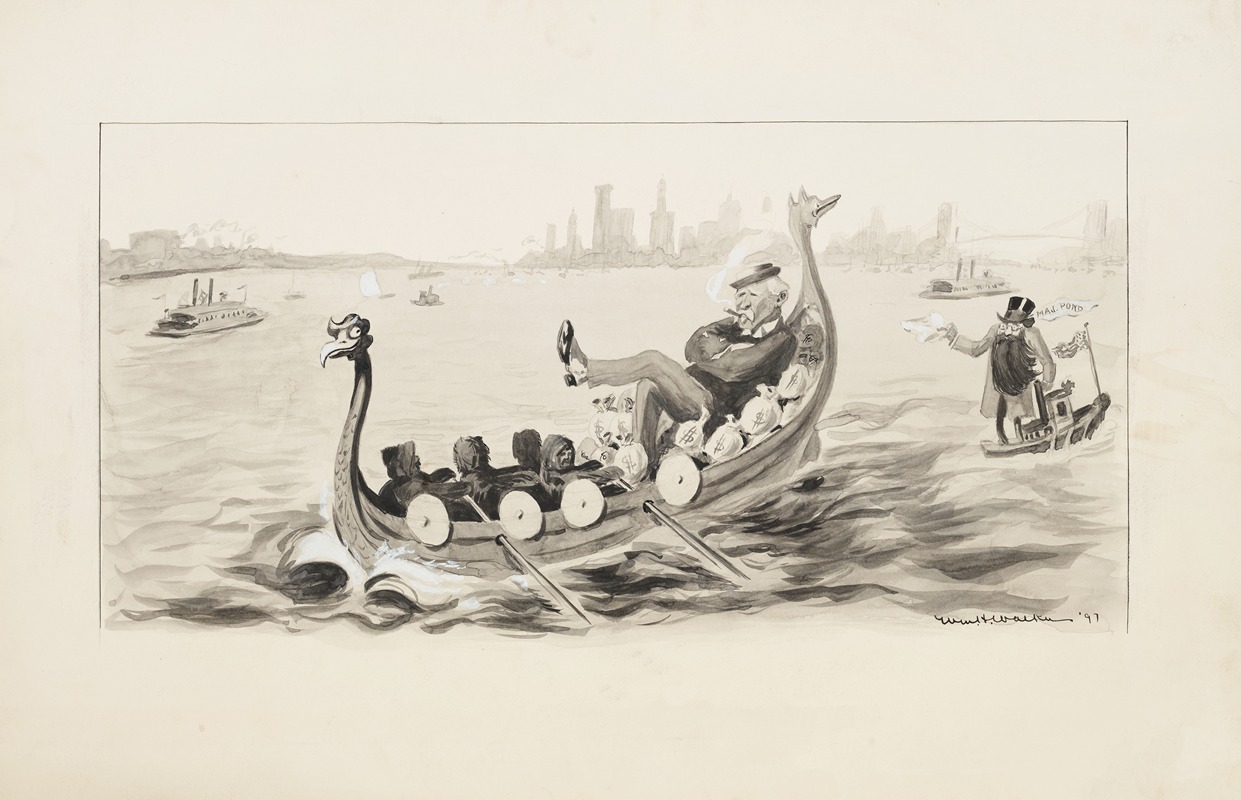 William Henry Walker - A man relaxes in a boat full of money which resembles a Viking ship