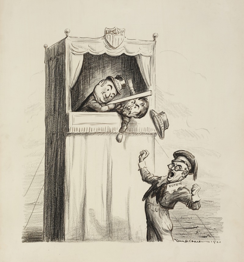 William Henry Walker - A man representing voters, depicted as a young boy, yawns and watches a puppet show