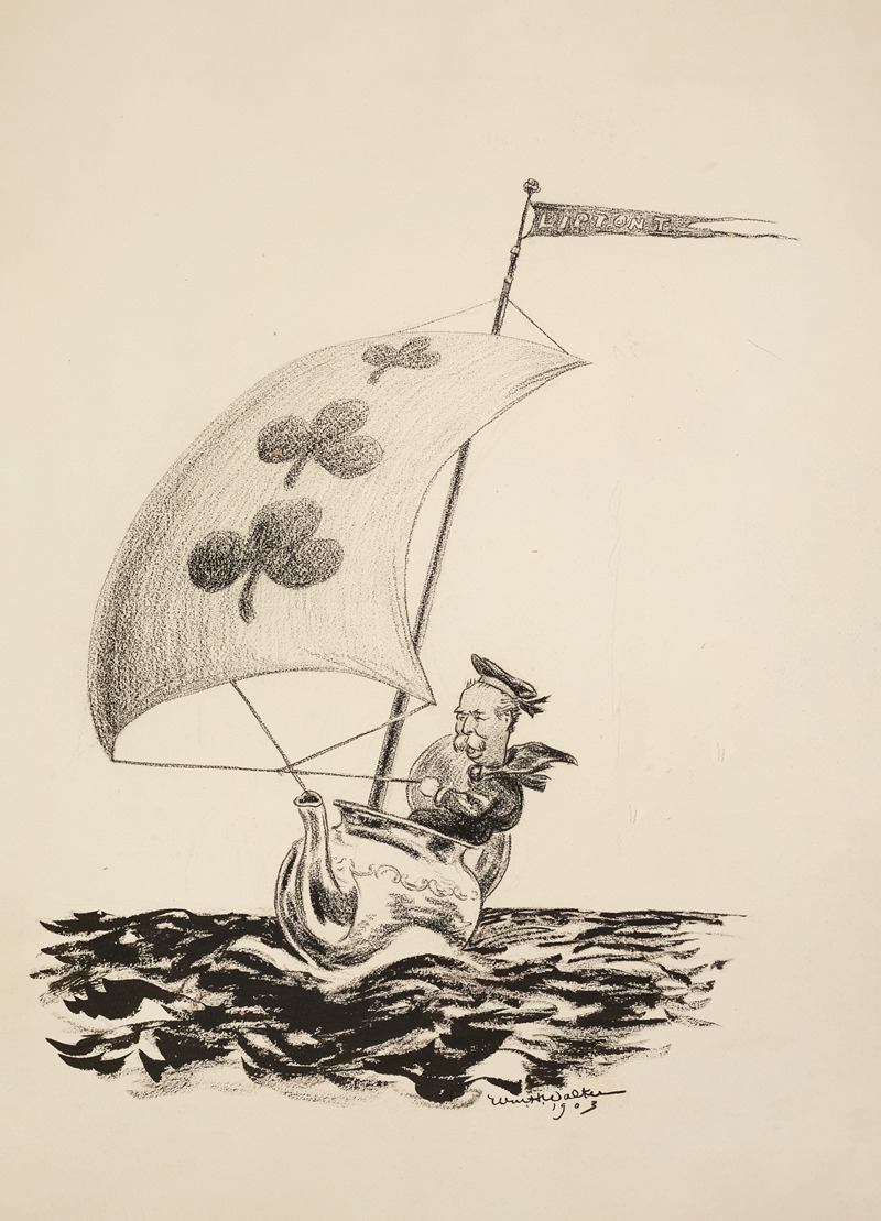 William Henry Walker - A man sailing a boat made up of a tea pot and a three of clubs card for a sail, with a Lipton T flag on top.