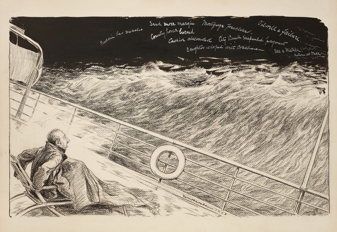 William Henry Walker - A man sleeping on the deck of a boat wakes up to see negative messages written in the night sky