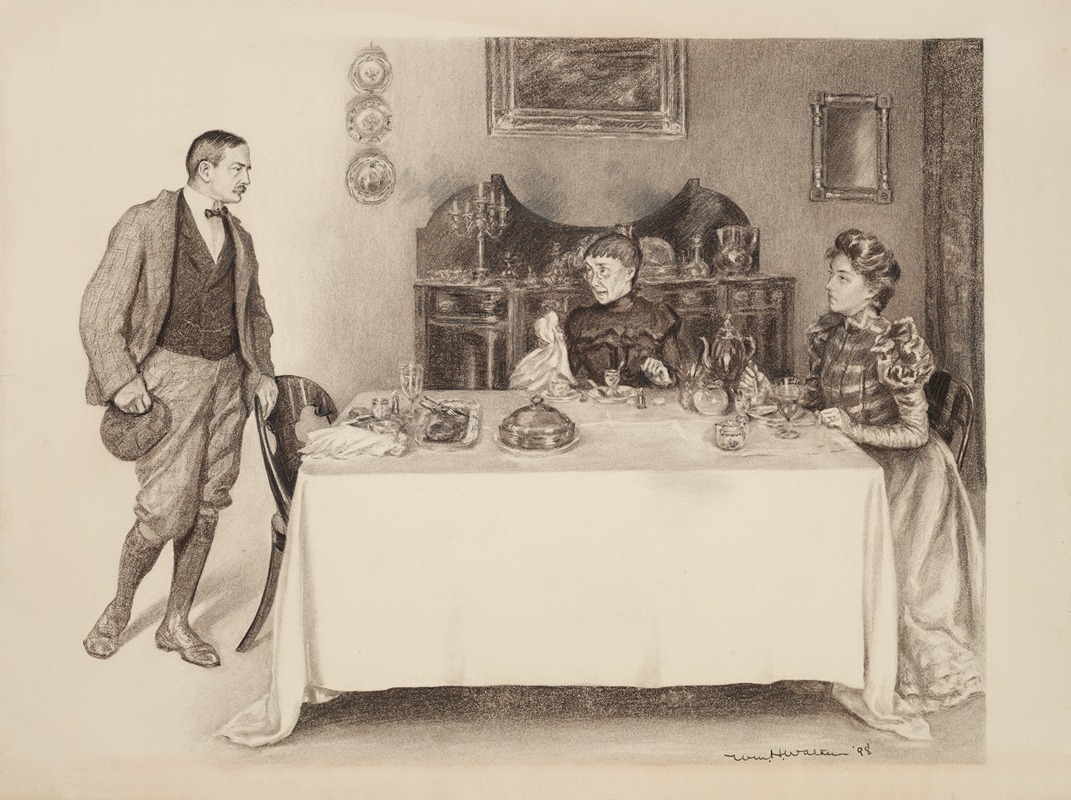 William Henry Walker - A man stands behind his chair at a table where an older and younger woman are already eating.