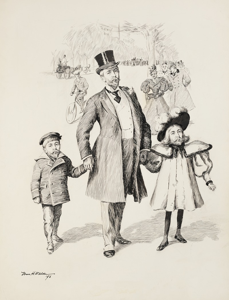 William Henry Walker - A man walks in a crowded park with his young son and daughter, only both children have the same face as him.