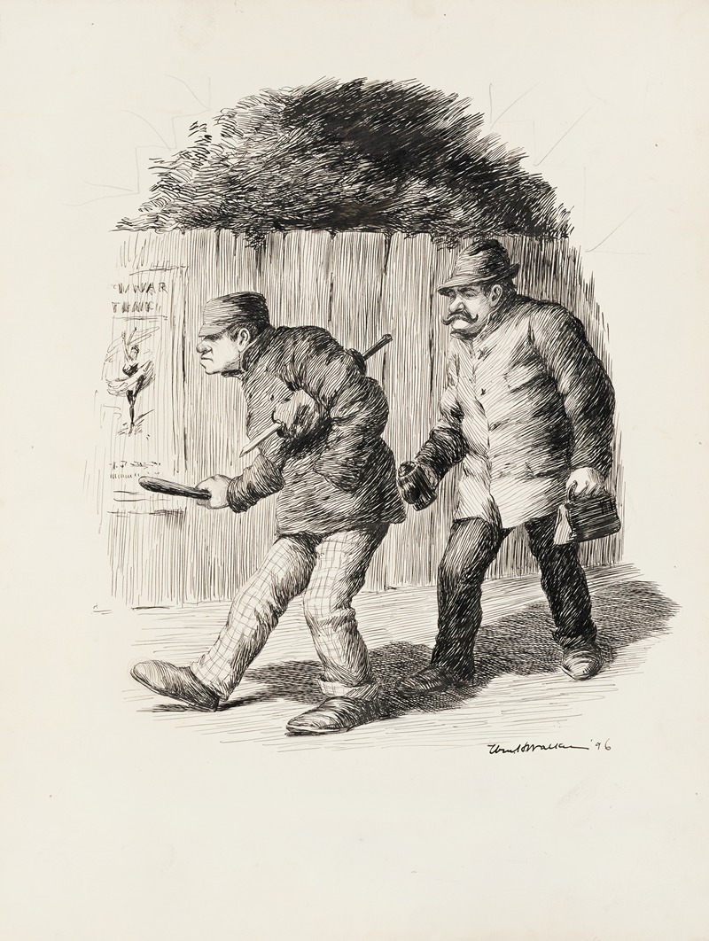 William Henry Walker - A man with a bag and a thermos follows a man with a club and a knife in the dark, along a fence with a poster for a ballet.