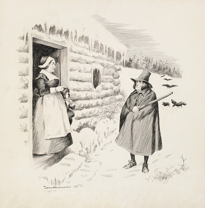 William Henry Walker - A man with a rifle stands in the snow and talks to a woman and child in the doorway of a log cabin.