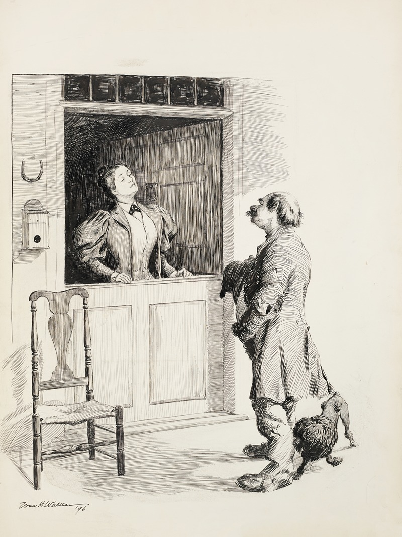 William Henry Walker - A man with ragged clothes and two dogs talks to a woman behind a counter.