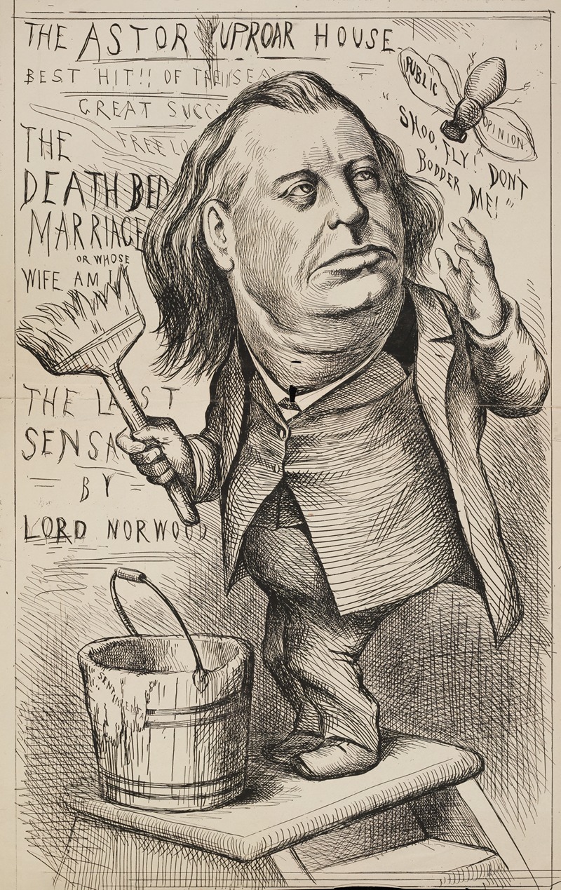 William Henry Walker - A man, Astor, puts up fliers for his ‘Uproar House,’ shooing away a fly representing public opinion.