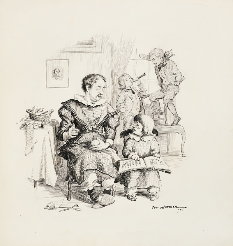 William Henry Walker - A man, dressed as a woman, darns socks and watches a little boy (his son), who is looking at a fashion book. Behind them, two girls play.