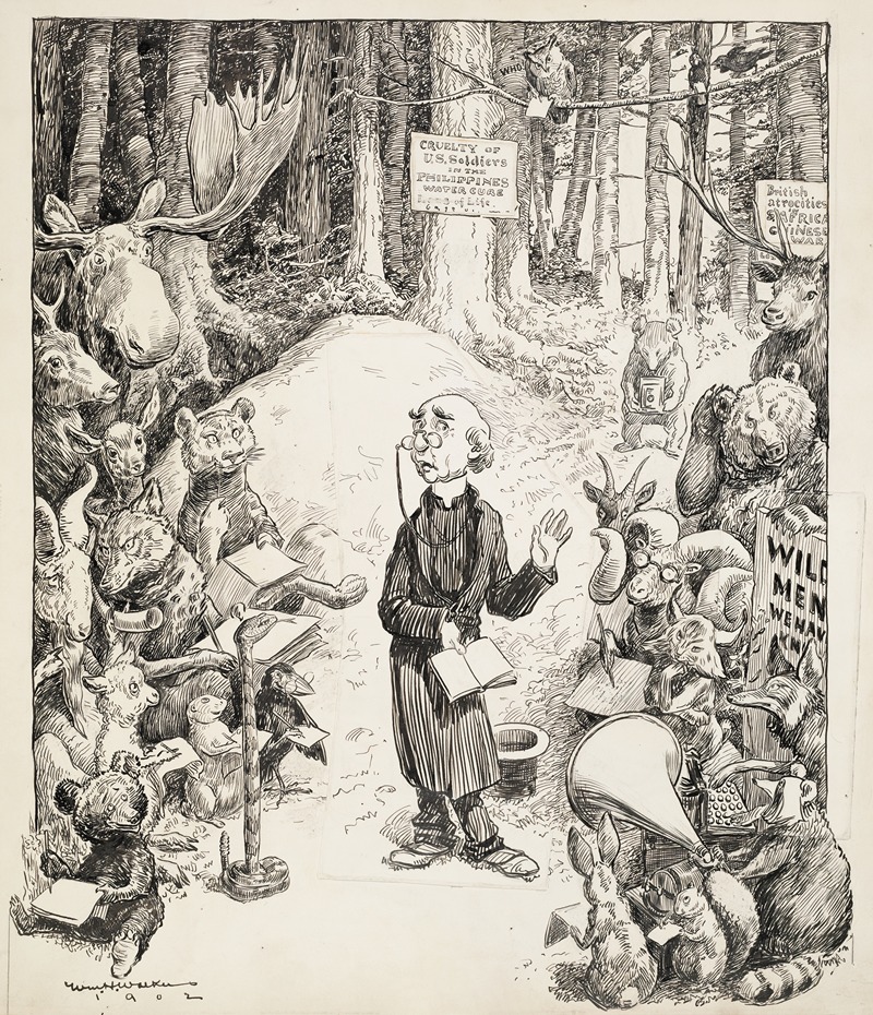 William Henry Walker - A minister preaches in the forrest to a group of animals, most of them taking notes