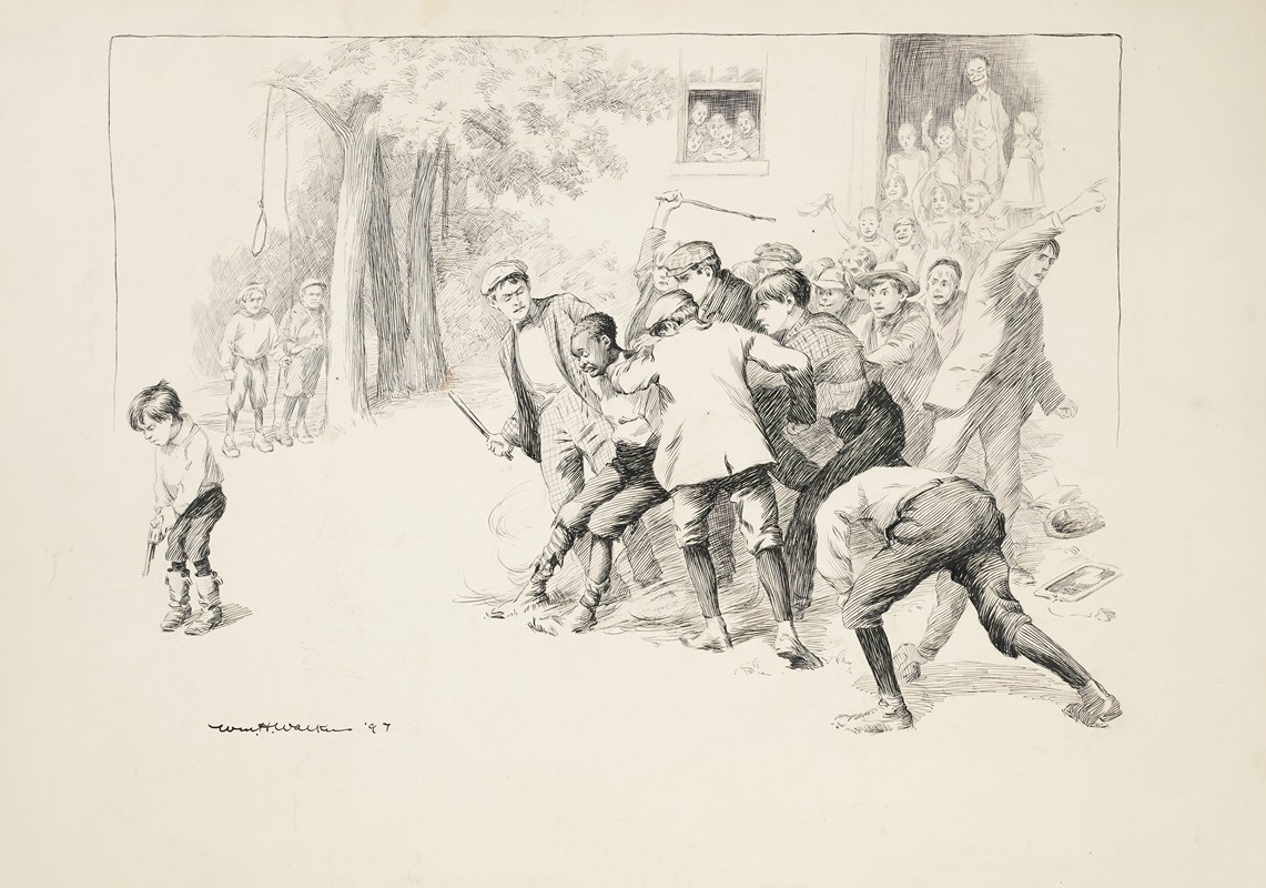 William Henry Walker - A mob of school children attack a black boy in their school yard and prepare to lynch him, with their teacher watching in the background