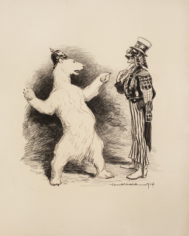 William Henry Walker - A polar bear with a Prussian helmet talks with Uncle Sam dressed in armor.