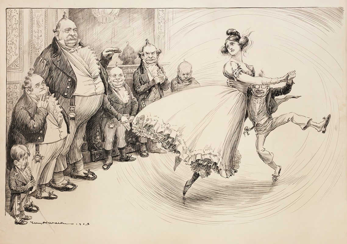 William Henry Walker - A pretty young woman representing the United States (Columbia) dances unhappily with a short man, possibly President Theodore Roosevelt