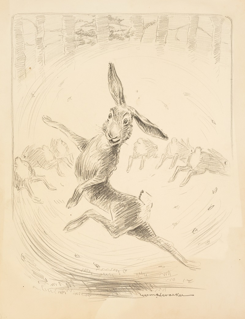 William Henry Walker - A rabbit dances while six other rabbits run away from him.