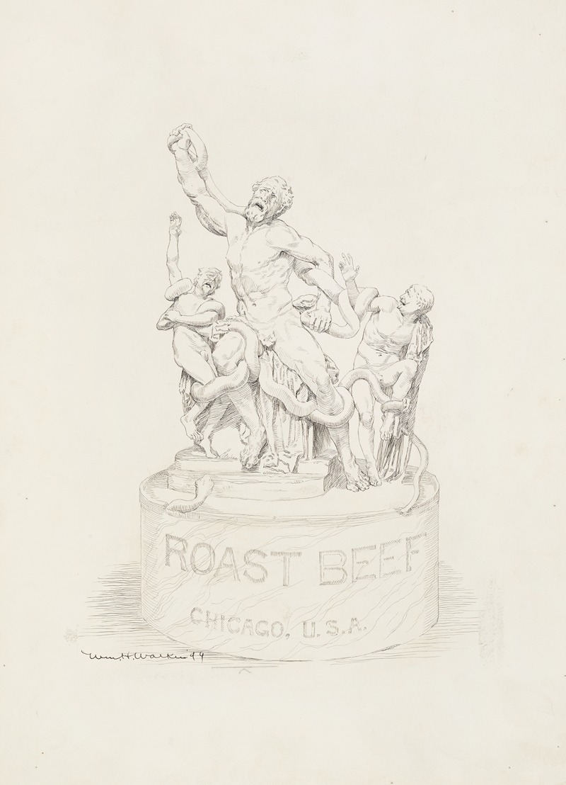 William Henry Walker - A statue of three men being attacked by snakes. The base of the statue reads ‘Roast Beef Chicago, U.S.A.’