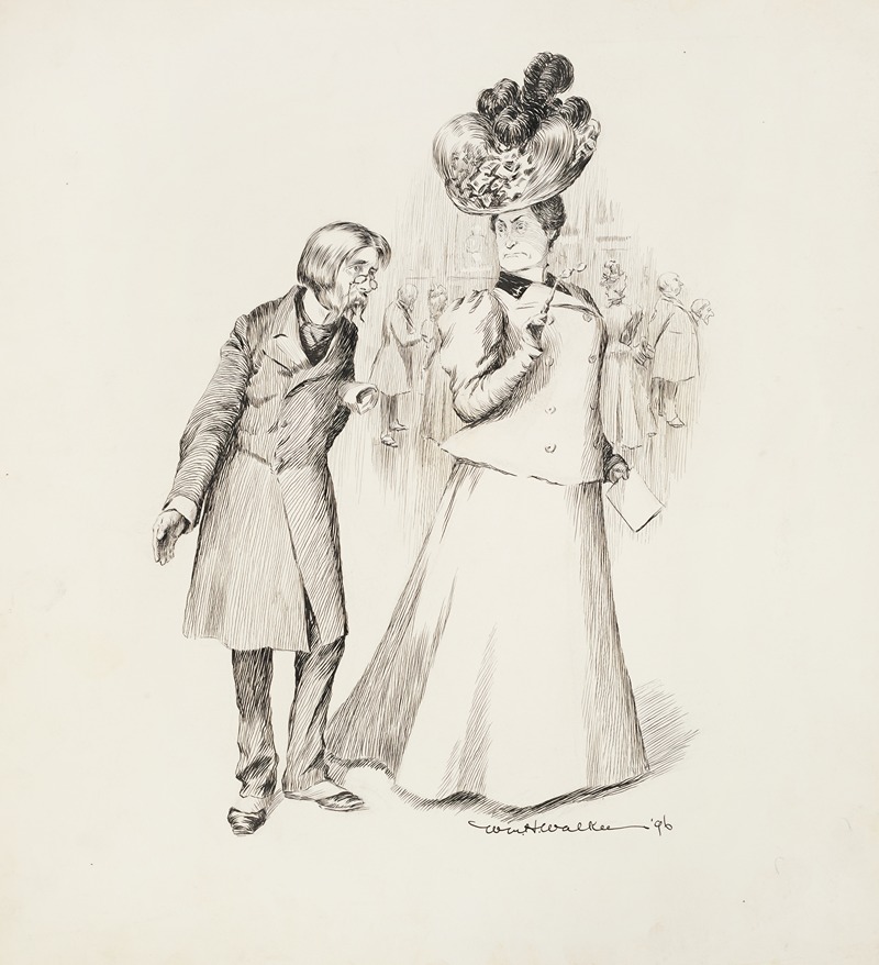 William Henry Walker - A stern older woman looks down at a shorter man who is missing a hand at a party.