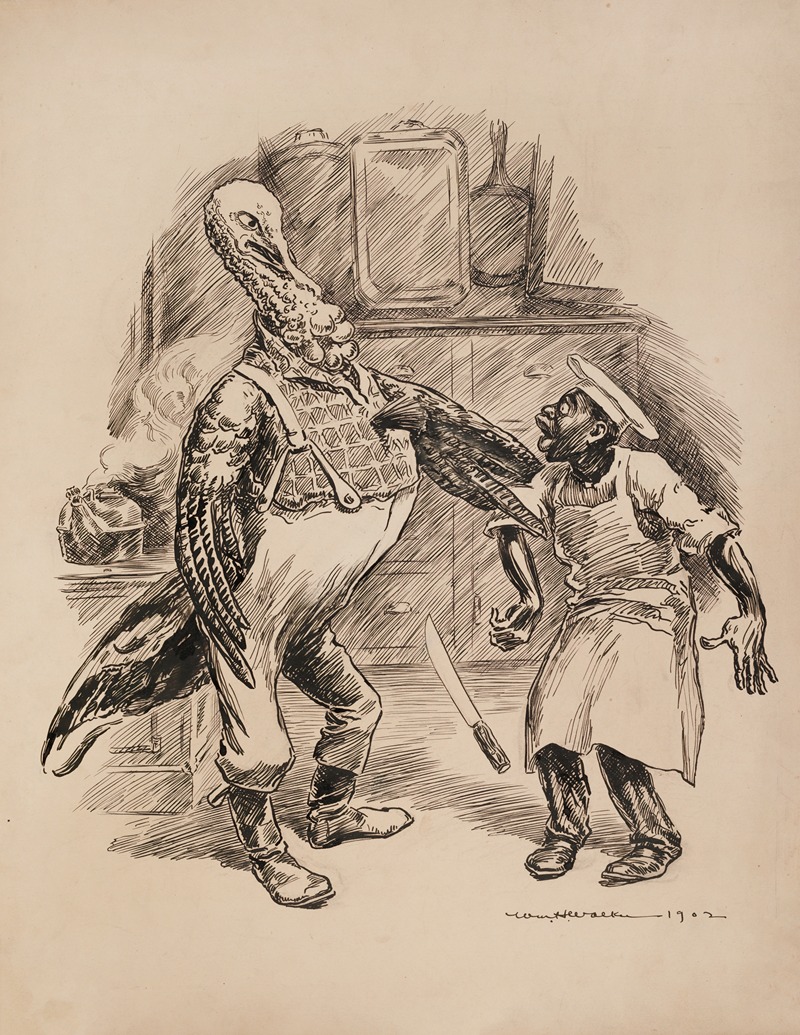 William Henry Walker - A turkey, dressed like a farmer, grabs a cook by the arm and makes him drop his butcher’s knife.