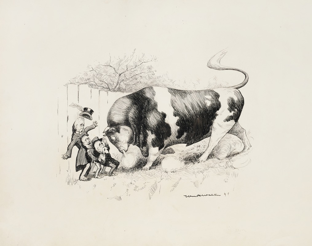 William Henry Walker - A very large bull backs up three small men against the fence, Alger, Corbin, and Eagan.