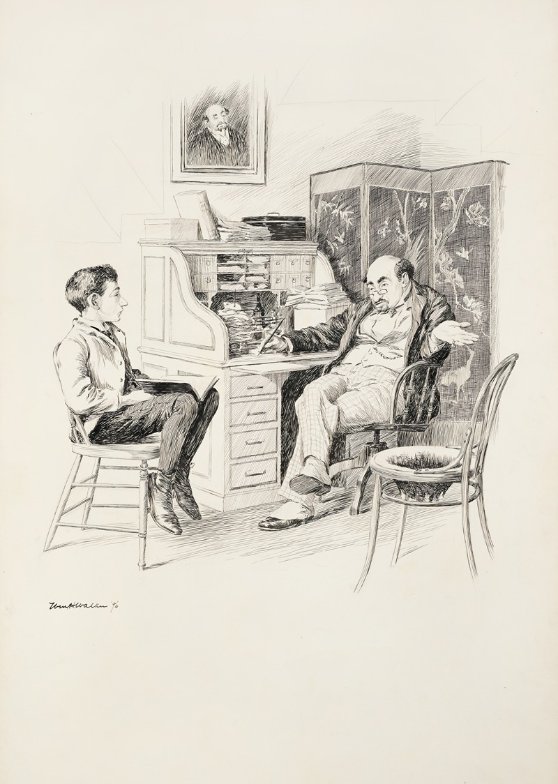 William Henry Walker - A wealthy man at his desk talks to a boy seated next to him with a book.