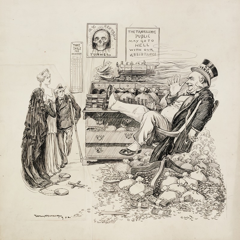 William Henry Walker - A wealthy man representing N.Y. Central thumbs his nose at a woman representing Justice who supports a widow and a man who has lost a leg