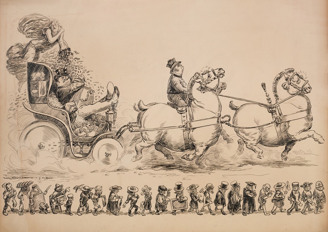 William Henry Walker - A wealthy man rides in a carriage pulled by fat horses with an angel showering him with money