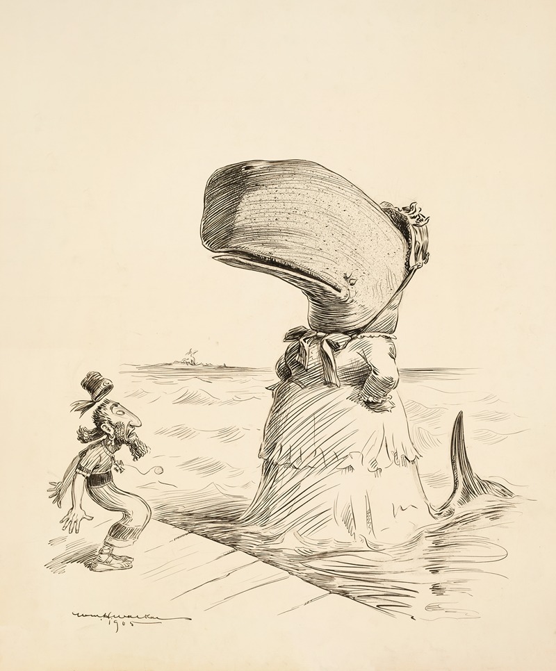 William Henry Walker - A whale, wearing a dress, confronts a surprised sailor on a dock.