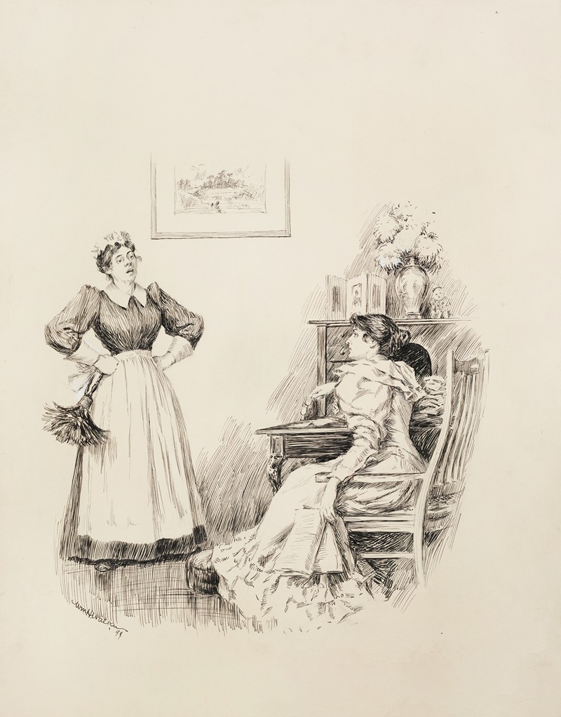 William Henry Walker - A woman at her desk talks with her maid.