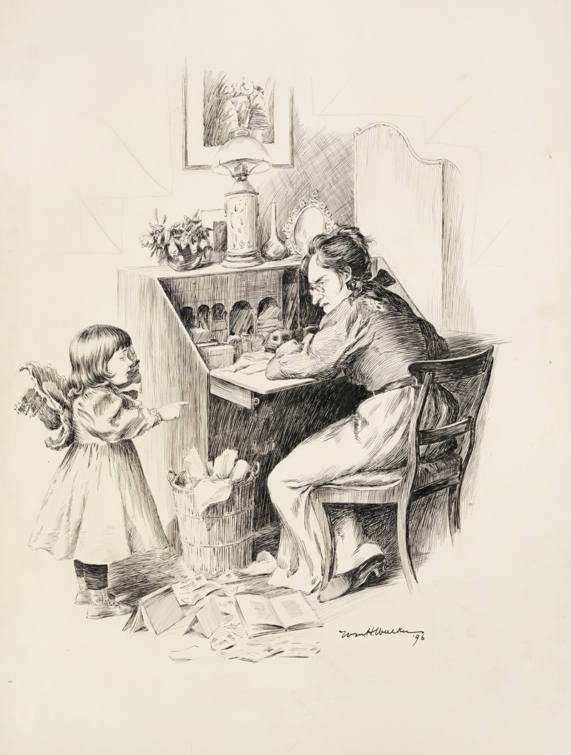 William Henry Walker - A woman at her desk, trying to write, looks angrily at a crying young girl next to her.