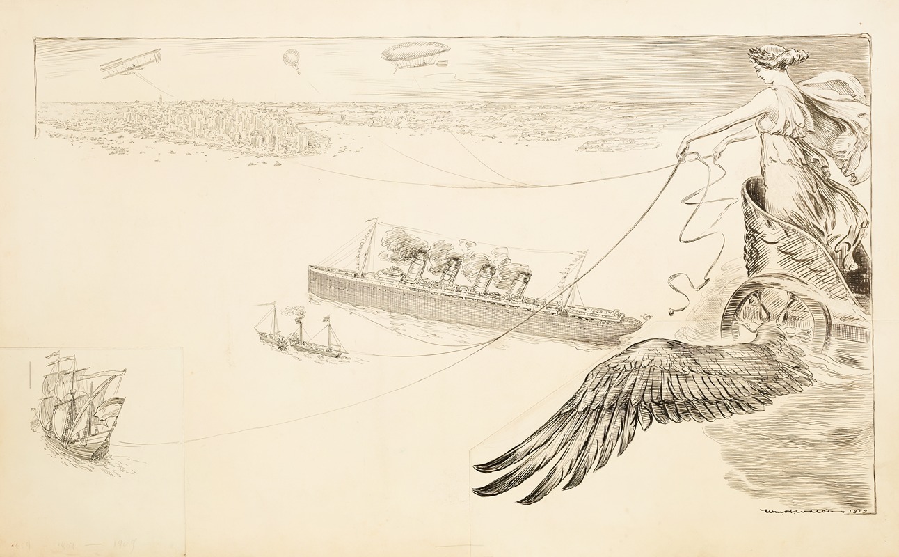 William Henry Walker - A woman in a winged chariot holds the reins to ships, a plane, a dirigible, and a hot air balloon as they travel towards a crowded city.