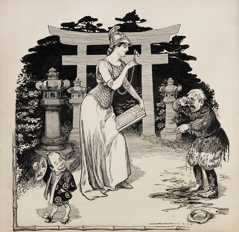 William Henry Walker - A woman representing civilization comforts a crying child (Russia), as a smiling child (Japan) looks on.