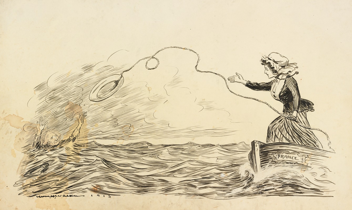 William Henry Walker - A woman representing France, in a small boat on choppy seas, throws a life preserver to a drowning George Washington.