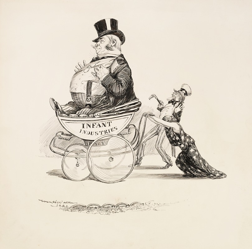 William Henry Walker - A woman struggles to push a large baby carriage with a fat man inside representing infant industries