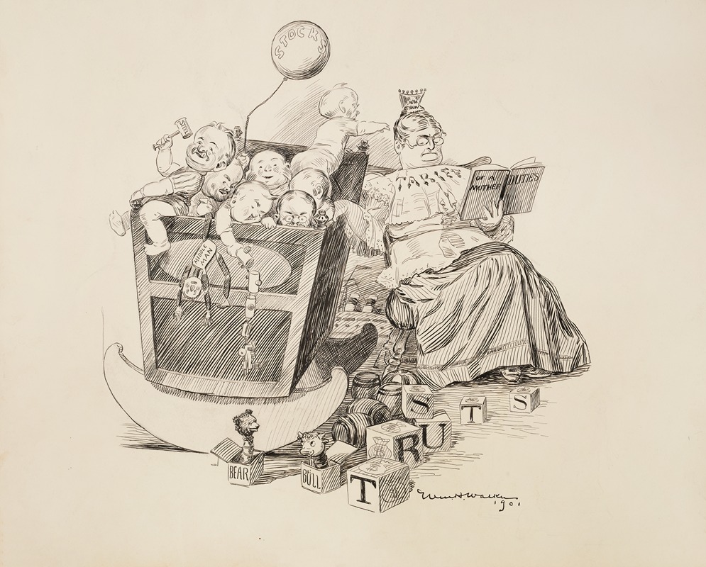 William Henry Walker - A woman, representing tariffs, rocks a cradle with many babies representing the Trusts