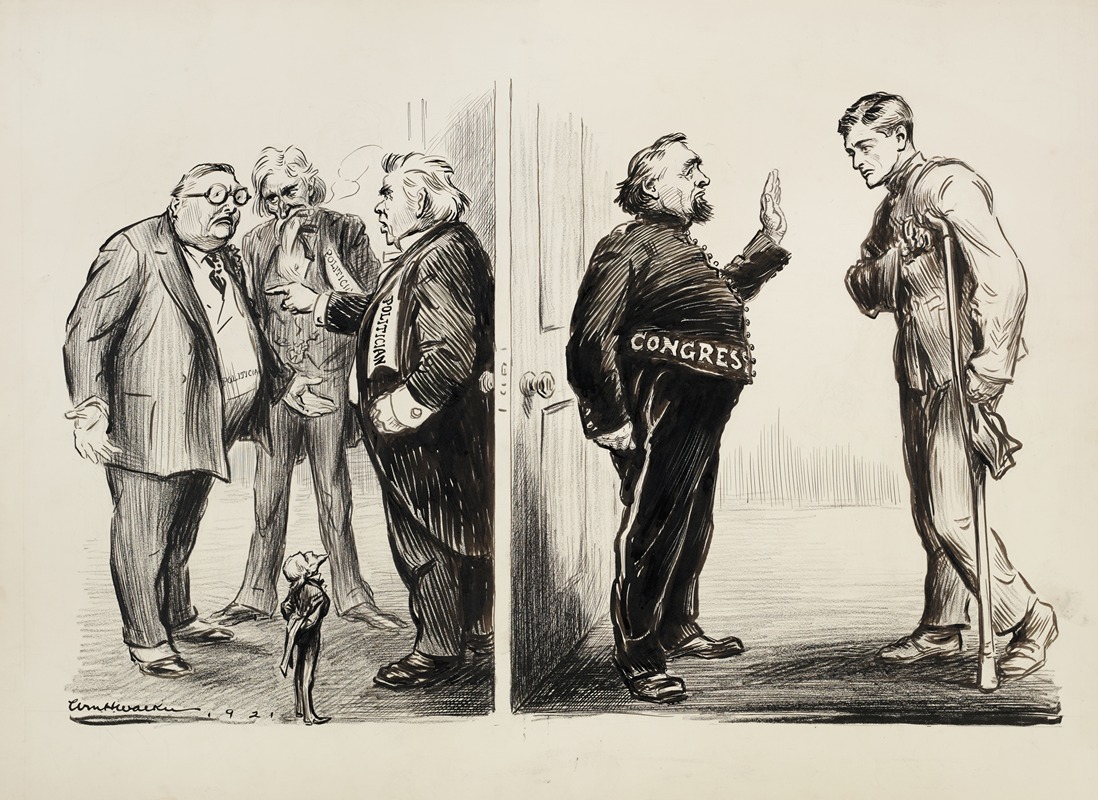 William Henry Walker - A wounded soldier is denied entrance to Congress, where three stout politicians are arguing.