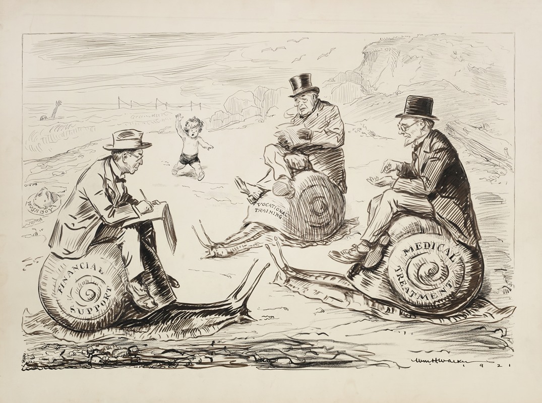 William Henry Walker - A young boy approaches three men writing and riding snails