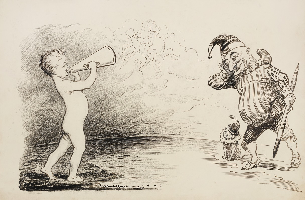 William Henry Walker - A young boy shouts through a megaphone at a man and a dog wearing jester’s outfits