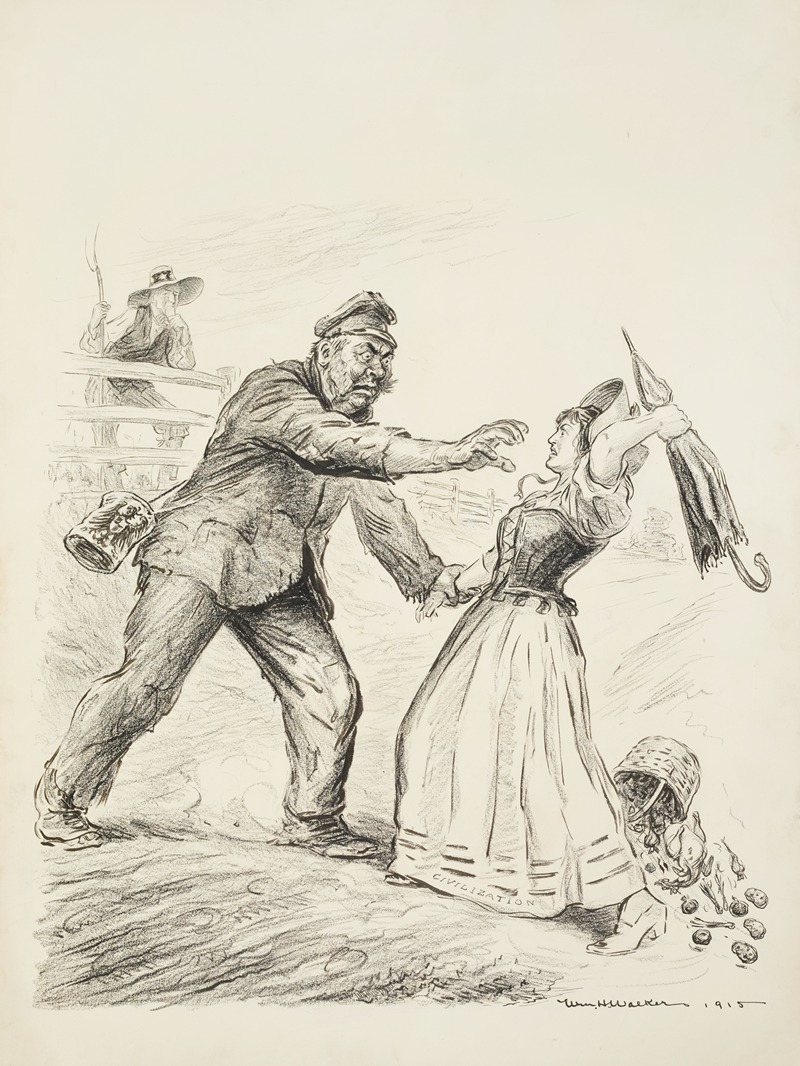 William Henry Walker - A young farm girl, representing civilization, is grabbed by a rough man representing Germany or Prussia and tries to defend herself with an umbrella