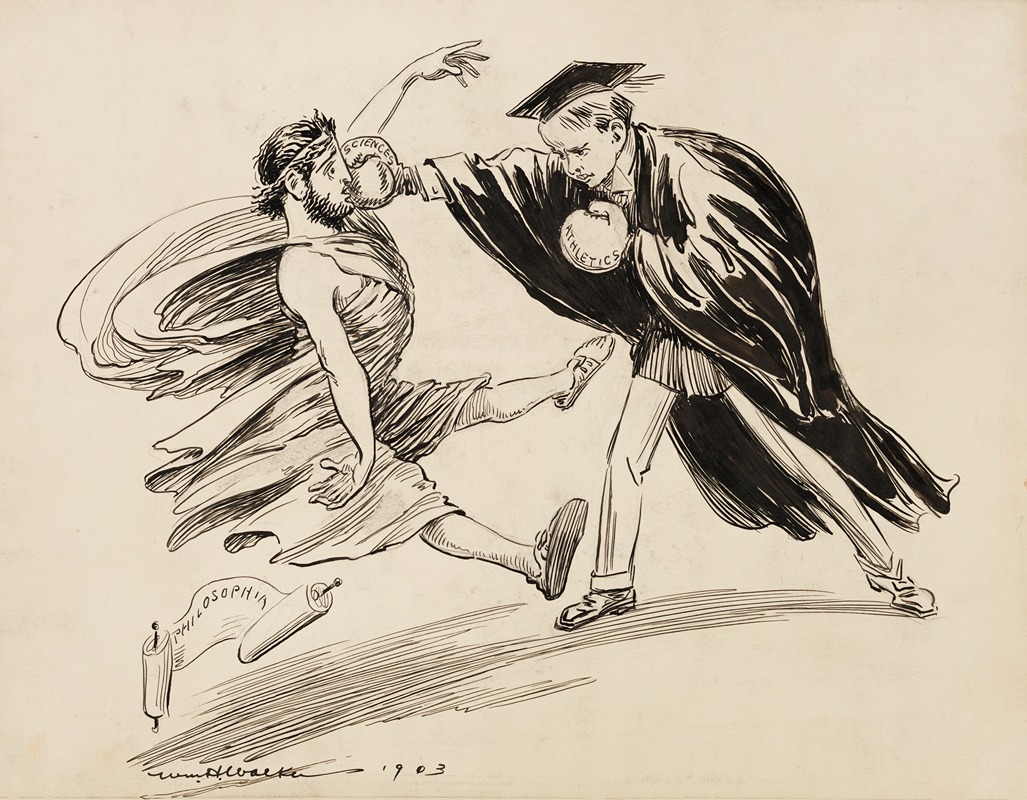 William Henry Walker - A young man in a scholar’s robe, with boxing cloves representing the sciences and athletics, punches a man in Roman robes representing philosophy.