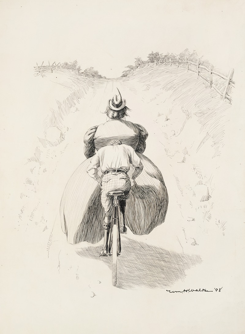 William Henry Walker - A young man tries to pedal his bicycle up a hill with a fat woman seated on his handle bars.