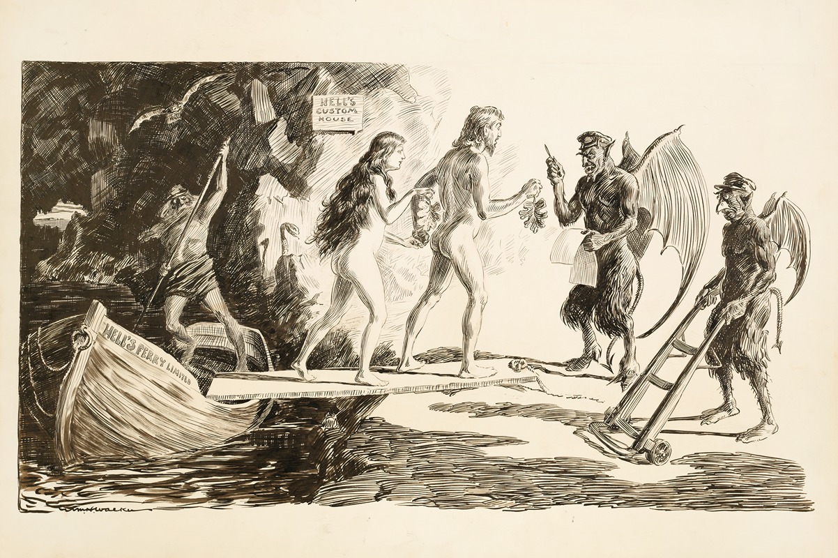 William Henry Walker - Adam and Eve arrive at Hell and have to declare their fig leaves and the apple at the Custom House.