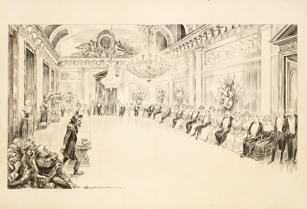 William Henry Walker - An angry man speaks to a row of seated wealthy men and women in a fancy ballroom.