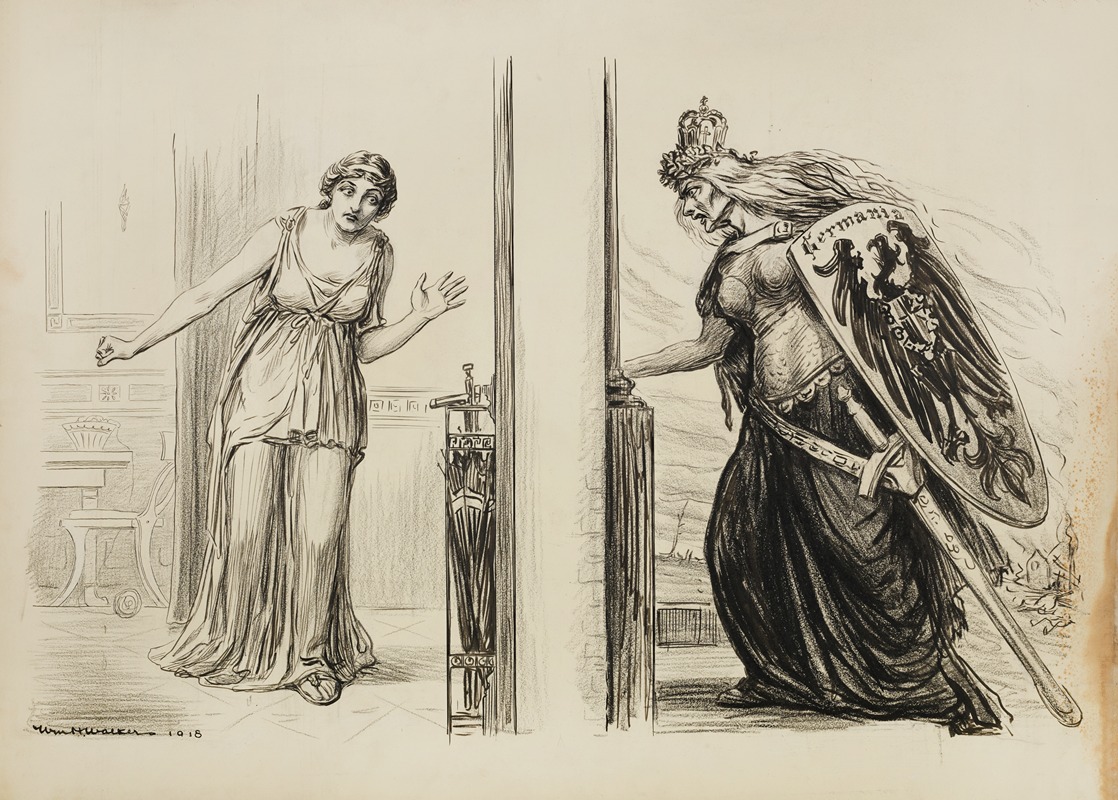 William Henry Walker - An angry old woman in armor, representing Germania, tries to break into the room of a scared young woman