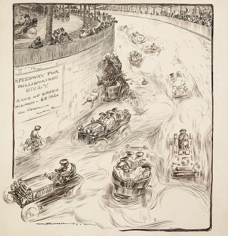 William Henry Walker - An auto race for millionaires only. Cars run in either direction and there is a crash along one wall.