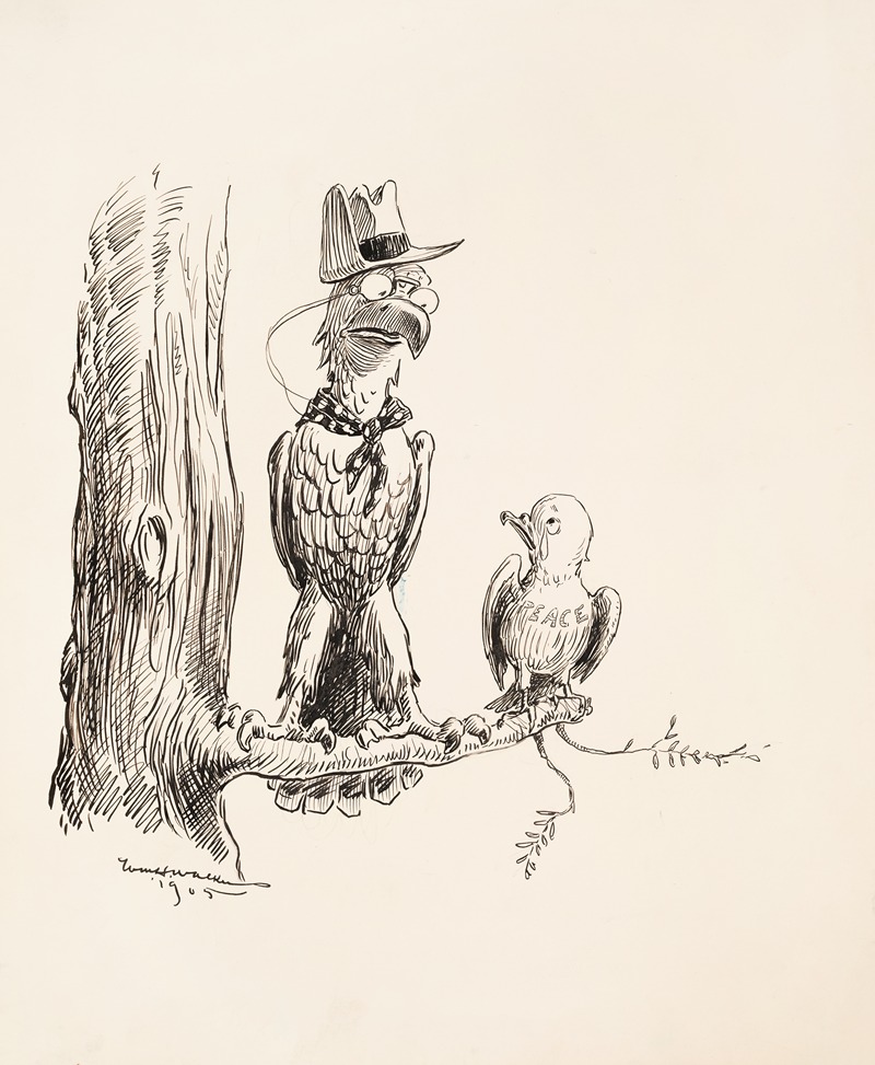 William Henry Walker - An eagle, dressed like Theodore Roosevelt, sits on a branch with a small bird representing Peace.