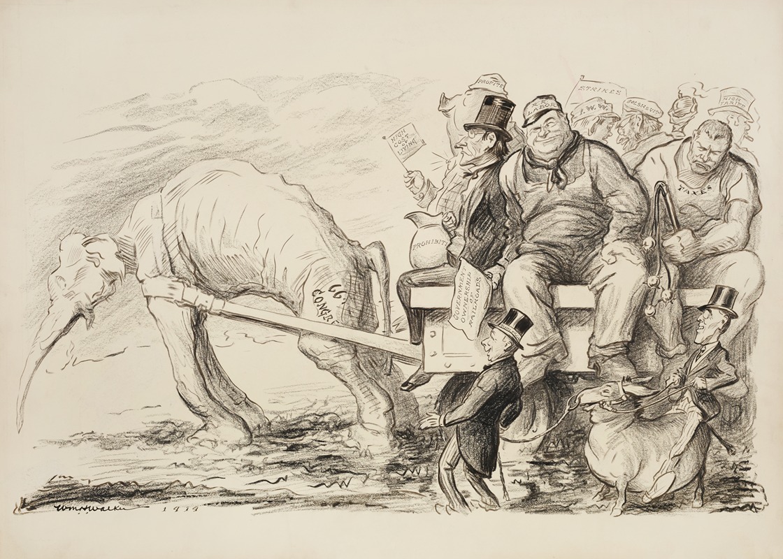 William Henry Walker - An emaciated Republican Party elephant, representing the G.O.P. Congress, struggles to pull a wagon full of large men